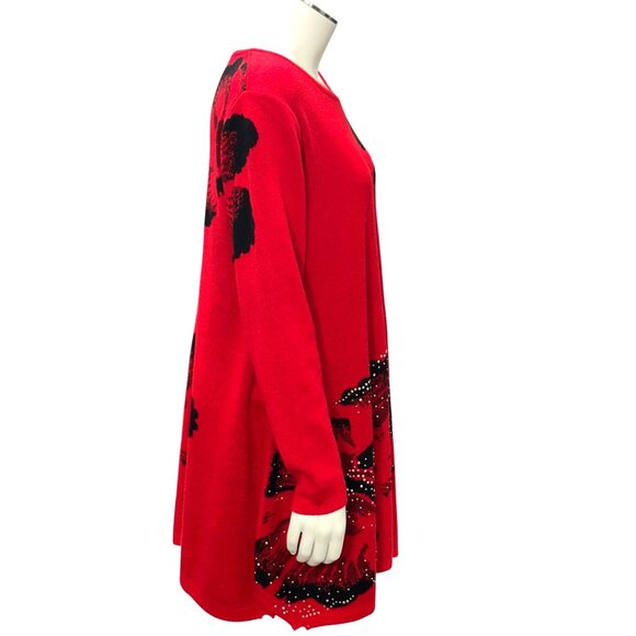 CCC Spring Pullover Stretch Loose Red Black Floral Sweater Dress Rhinestones LGE - Picture 4 of 8